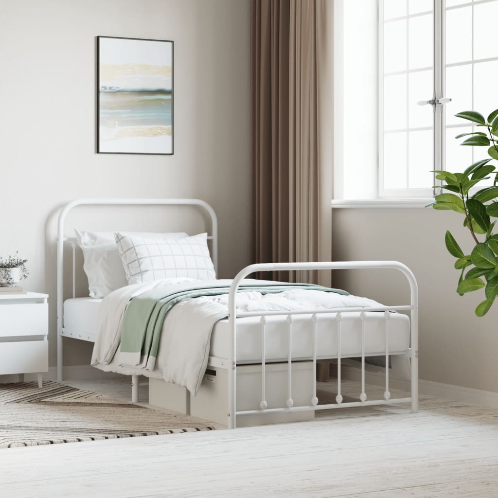vidaXL Metal Bed Frame with Headboard and Footboard White 100x190 cm