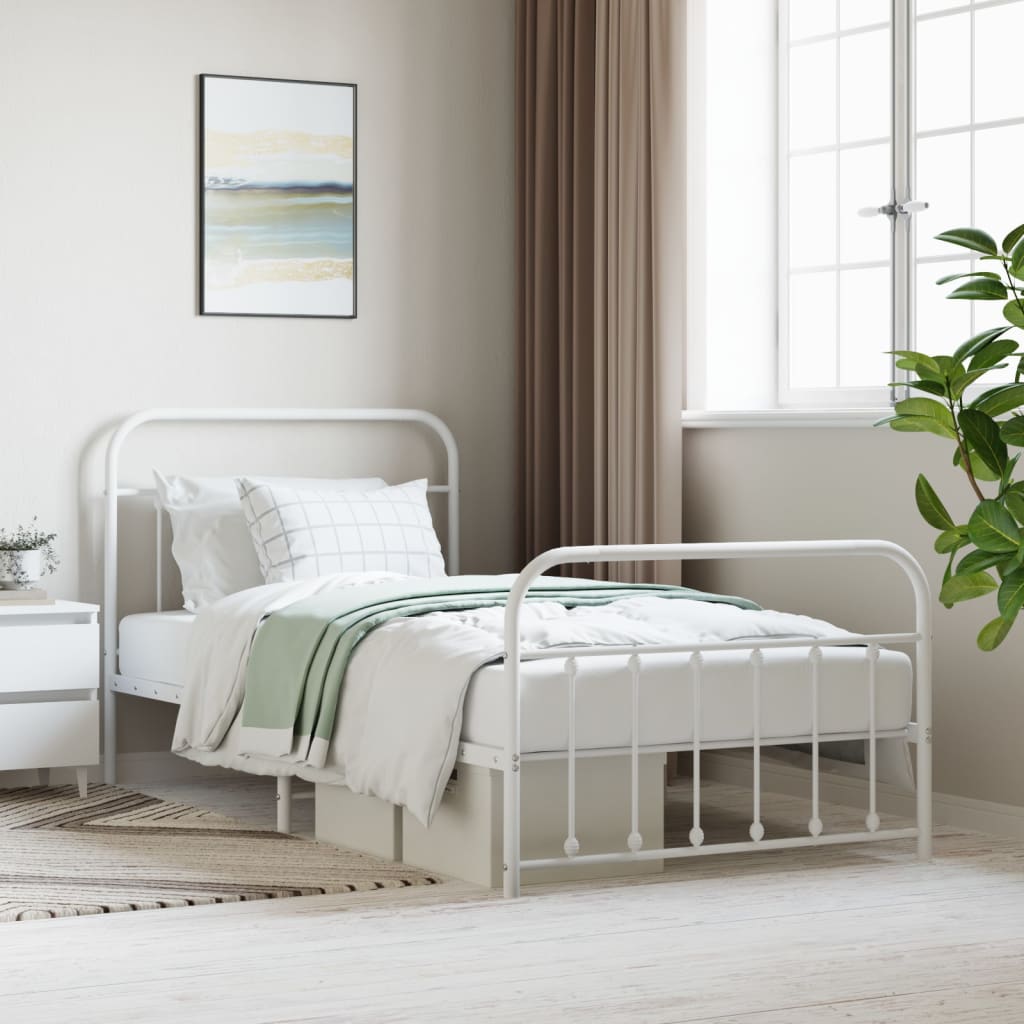 vidaXL Metal Bed Frame with Headboard and Footboard White 107x203 cm