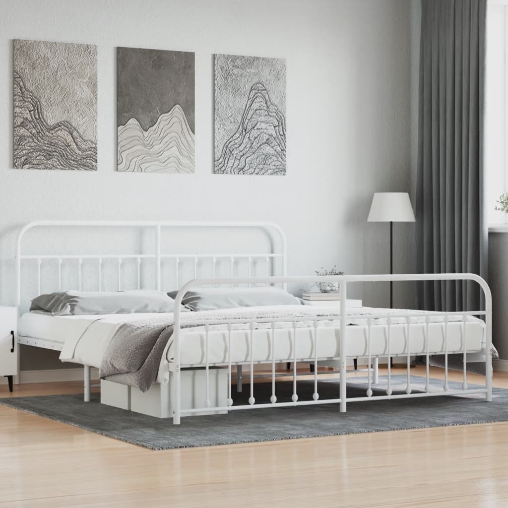 vidaXL Metal Bed Frame with Headboard and Footboard White 193x203 cm