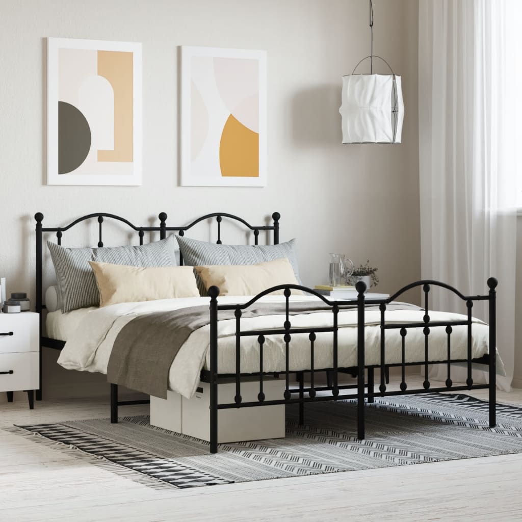 vidaXL Metal Bed Frame with Headboard and Footboard Black 150x200 cm