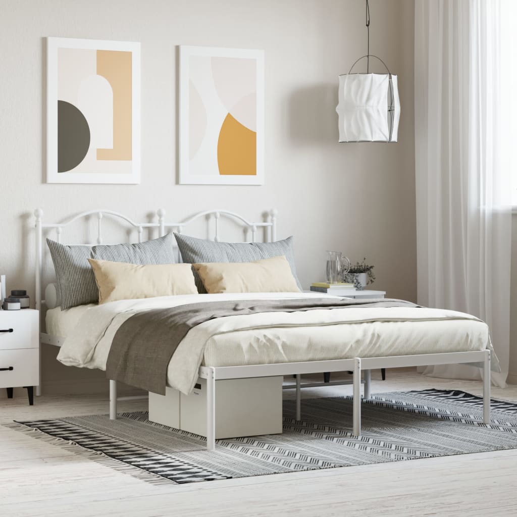 vidaXL Metal Bed Frame with Headboard White 150x200 cm