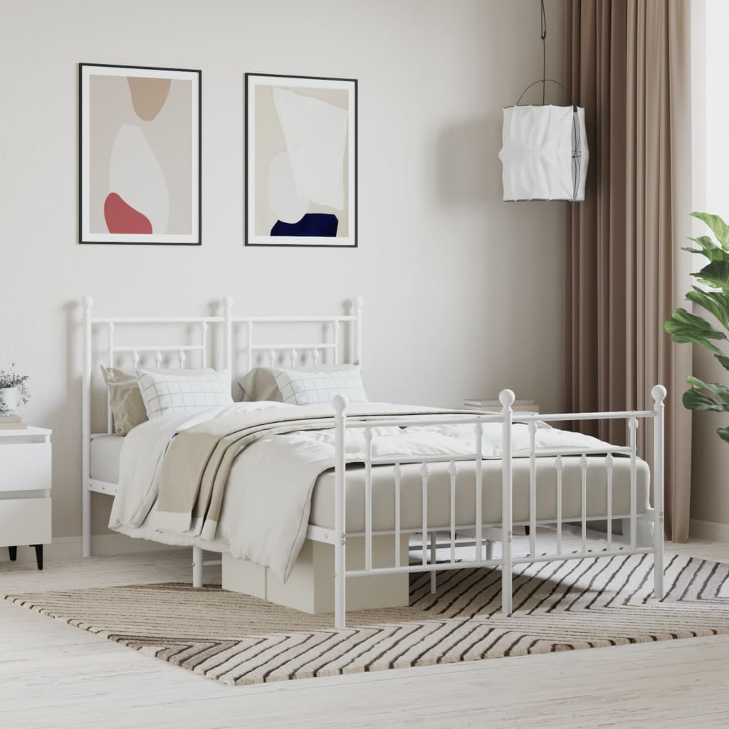 vidaXL Metal Bed Frame with Headboard and Footboard White 135x190 cm