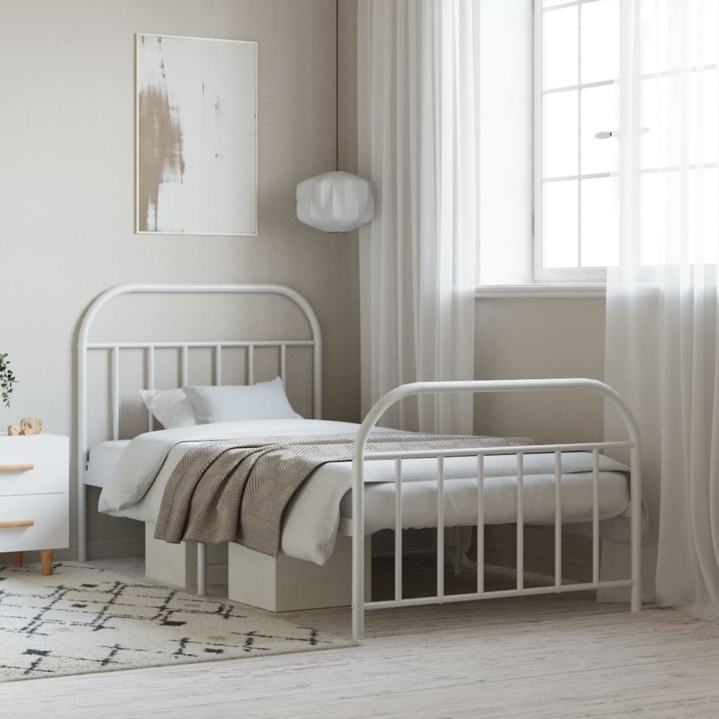 vidaXL Metal Bed Frame with Headboard and Footboard White 100x200 cm