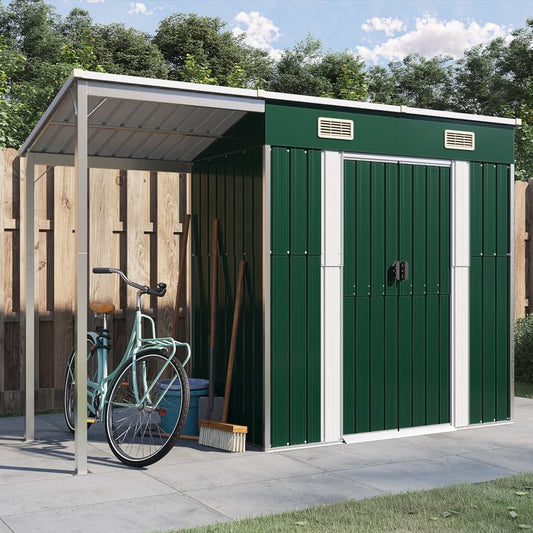vidaXL Garden Shed with Extended Roof Green 277x110.5x181 cm Steel