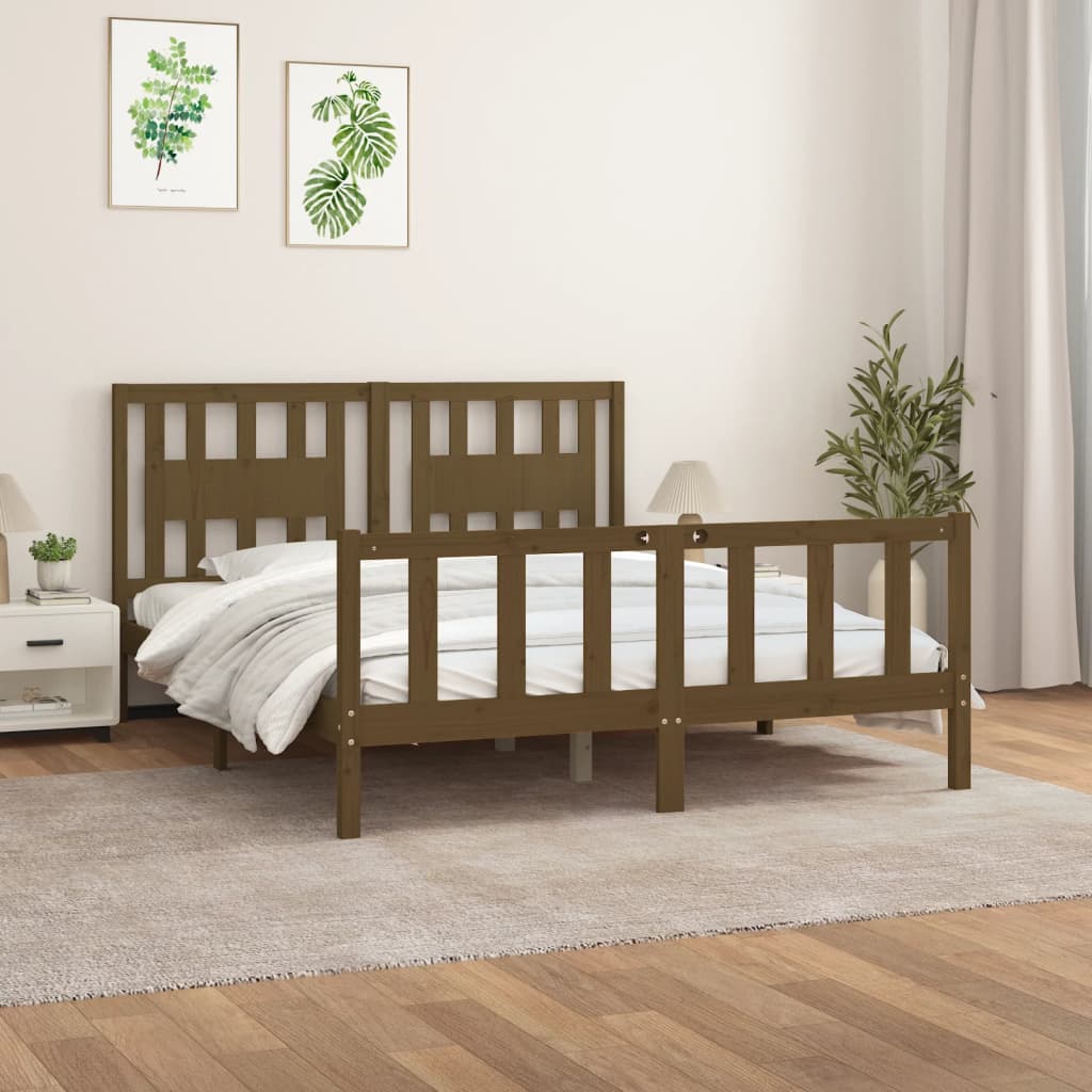 vidaXL Bed Frame with Headboard Honey Brown Solid Wood Pine 150x200 cm King Size