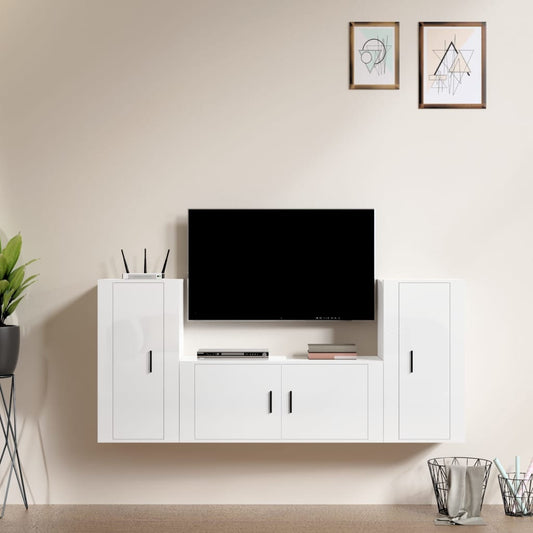 vidaXL 3 Piece TV Cabinet Set High Gloss White Engineered Wood