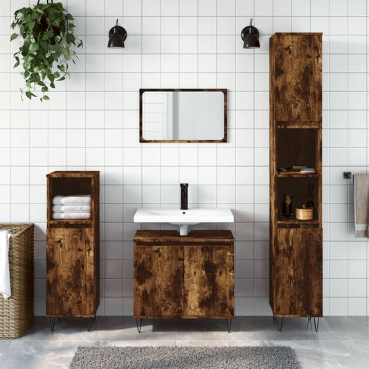 vidaXL 3 Piece Bathroom Furniture Set Smoked Oak Engineered Wood