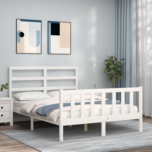 vidaXL Bed Frame with Headboard White Double Solid Wood