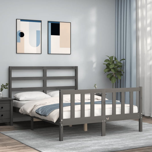 vidaXL Bed Frame with Headboard Grey Double Solid Wood