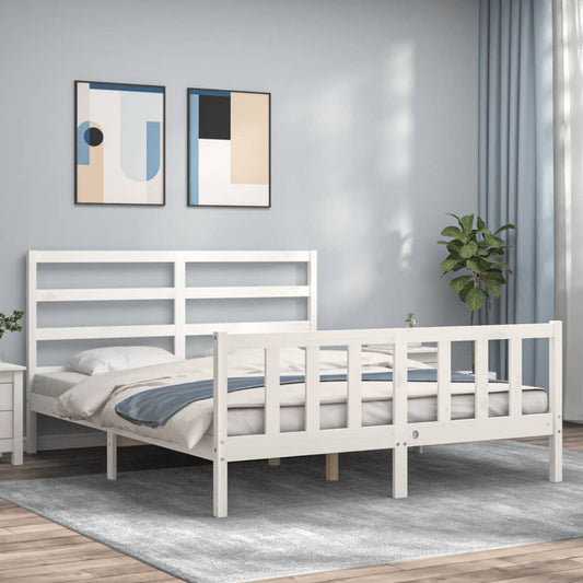 vidaXL Bed Frame with Headboard White King Size Solid Wood