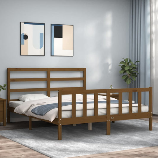 vidaXL Bed Frame with Headboard Honey Brown King Size Solid Wood