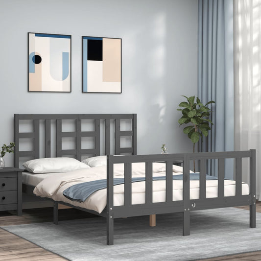 vidaXL Bed Frame with Headboard Grey King Size Solid Wood