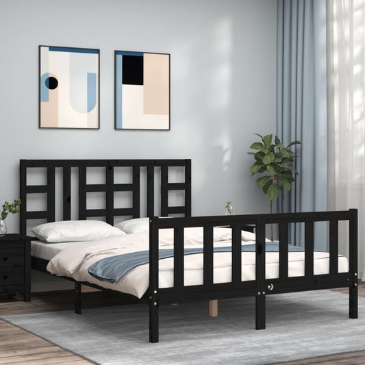 vidaXL Bed Frame with Headboard Black King Size Solid Wood
