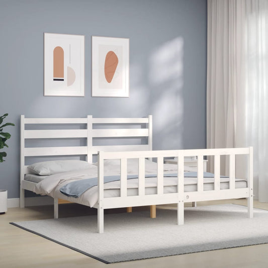 vidaXL Bed Frame with Headboard White King Size Solid Wood
