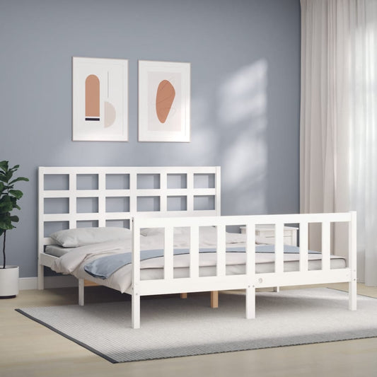 vidaXL Bed Frame with Headboard White King Size Solid Wood