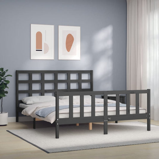 vidaXL Bed Frame with Headboard Grey King Size Solid Wood