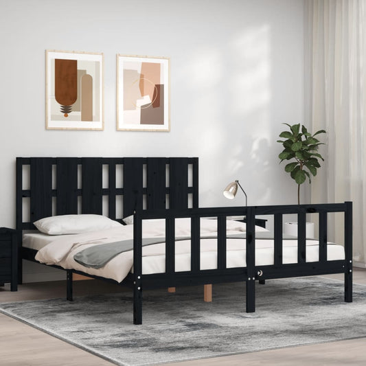 vidaXL Bed Frame with Headboard Black King Size Solid Wood