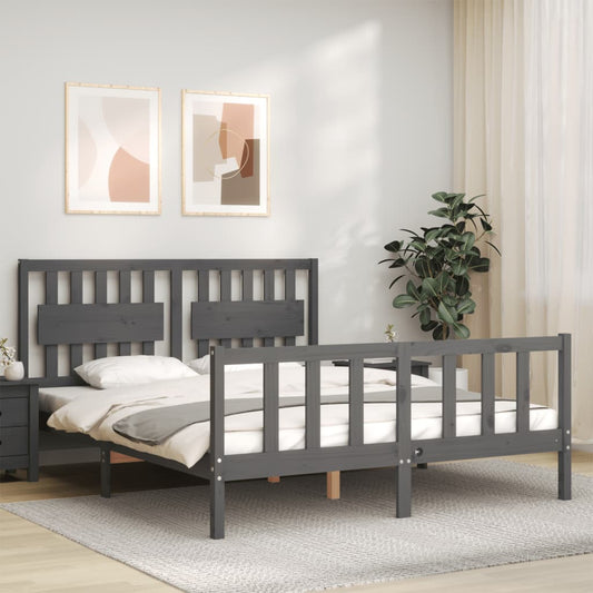 vidaXL Bed Frame with Headboard Grey King Size Solid Wood