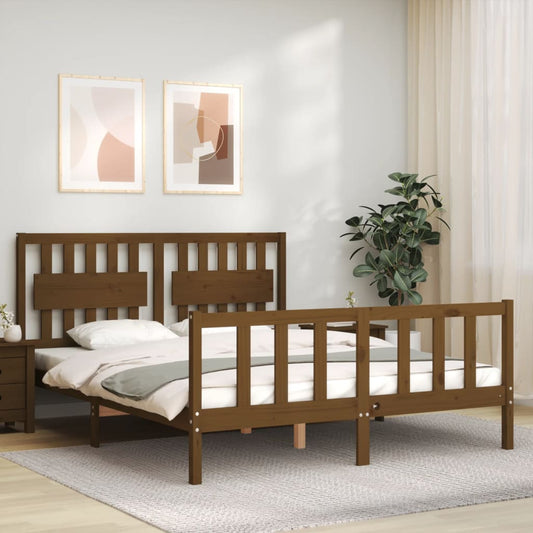 vidaXL Bed Frame with Headboard Honey Brown King Size Solid Wood