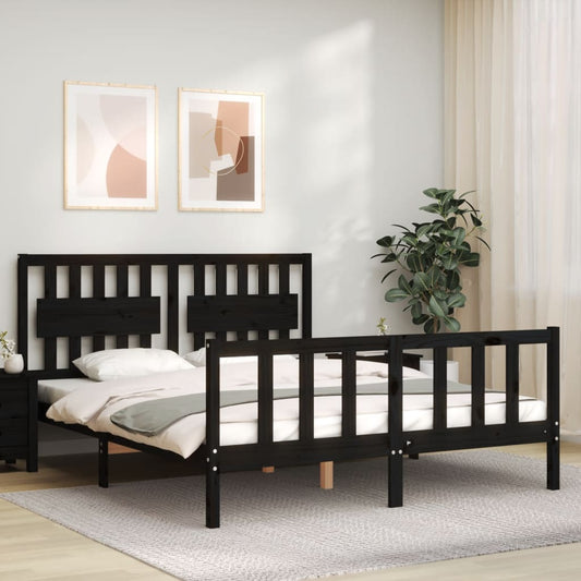vidaXL Bed Frame with Headboard Black King Size Solid Wood