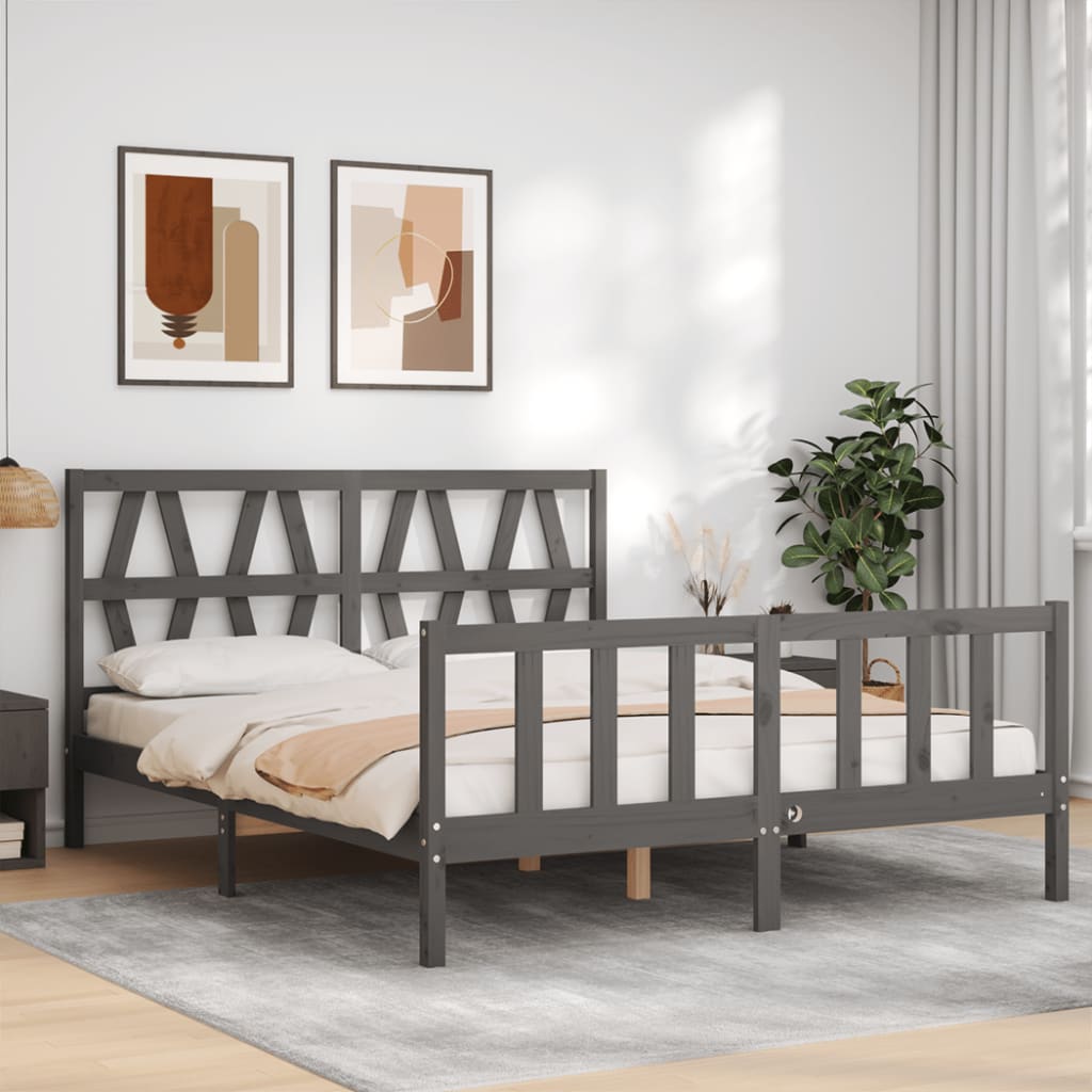 vidaXL Bed Frame with Headboard Grey 160x200 cm Solid Wood