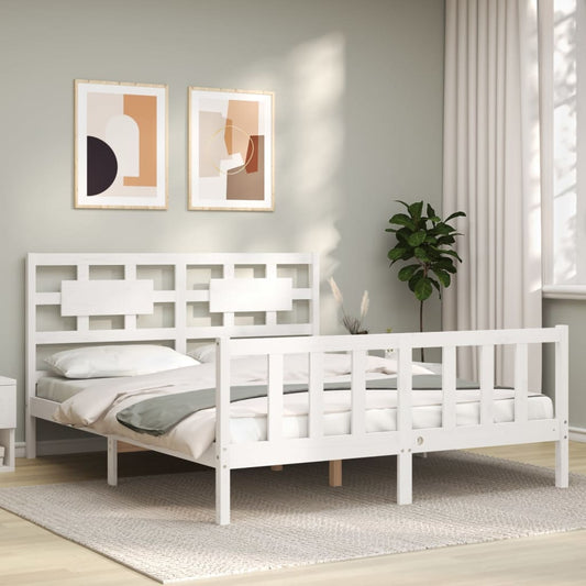 vidaXL Bed Frame with Headboard White King Size Solid Wood