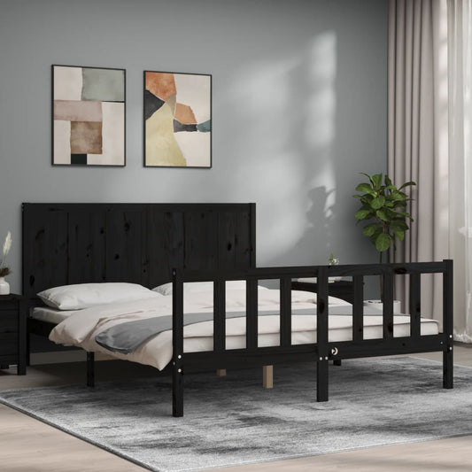 vidaXL Bed Frame with Headboard Black King Size Solid Wood