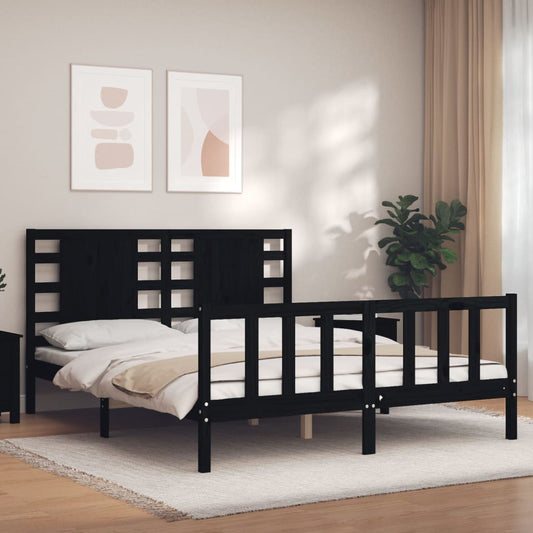 vidaXL Bed Frame with Headboard Black King Size Solid Wood