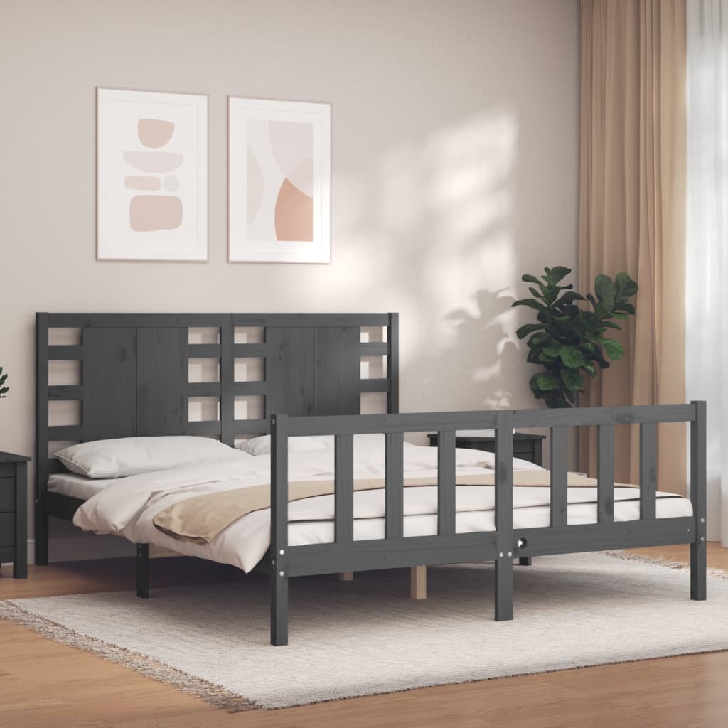 vidaXL Bed Frame with Headboard Grey 160x200 cm Solid Wood