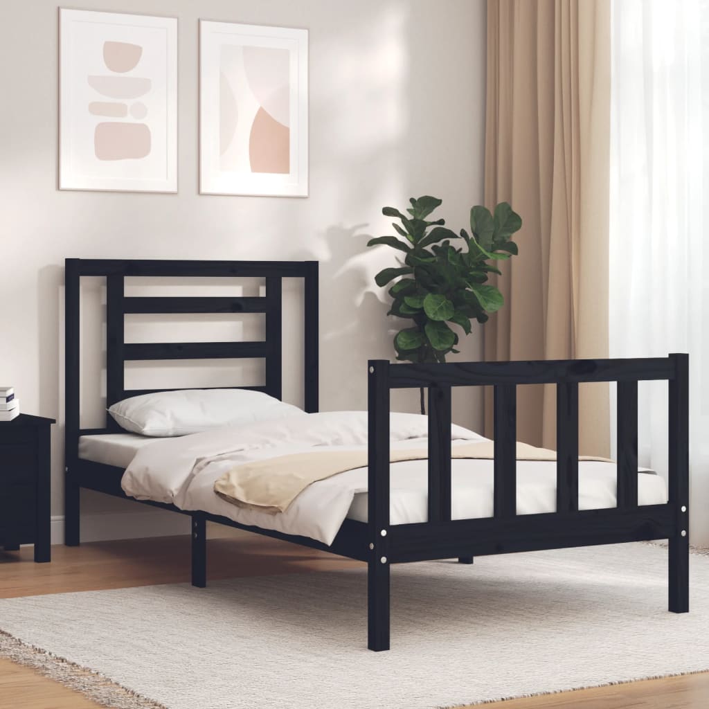 vidaXL Bed Frame with Headboard Black Single Solid Wood