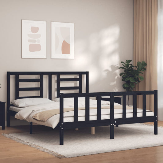 vidaXL Bed Frame with Headboard Black King Size Solid Wood