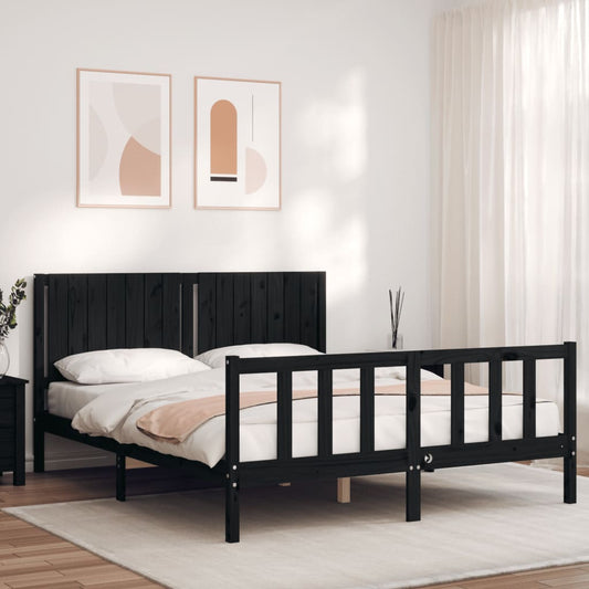 vidaXL Bed Frame with Headboard Black King Size Solid Wood