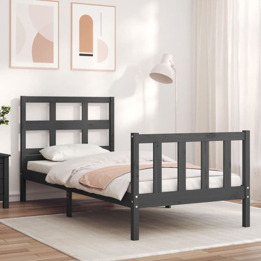 vidaXL Bed Frame with Headboard Grey Single Solid Wood