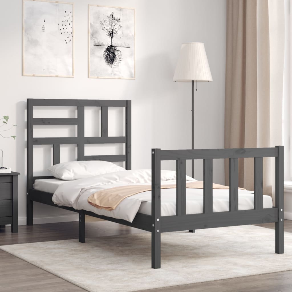 vidaXL Bed Frame with Headboard Grey 90x200 cm Solid Wood