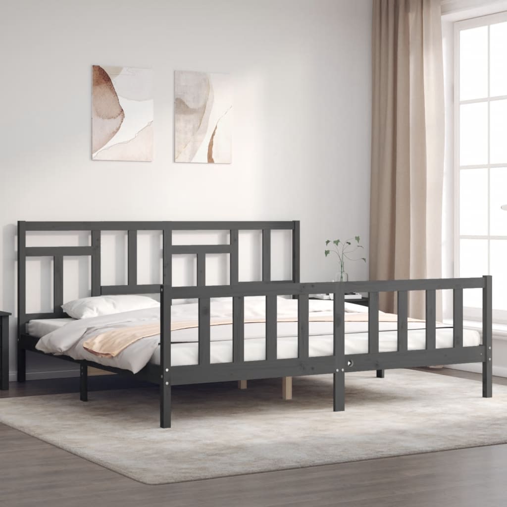 vidaXL Bed Frame with Headboard Grey Super King Size Solid Wood
