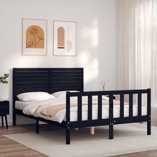 vidaXL Bed Frame with Headboard Black Double Solid Wood