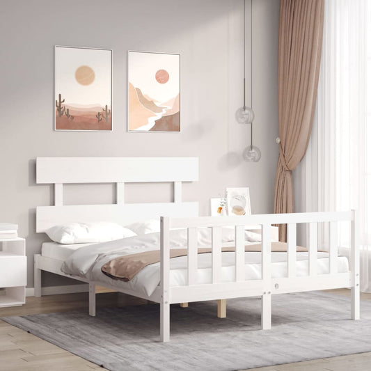 vidaXL Bed Frame with Headboard White Double Solid Wood