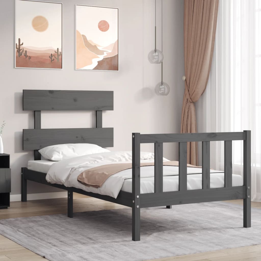 vidaXL Bed Frame with Headboard Grey 90x200 cm Solid Wood