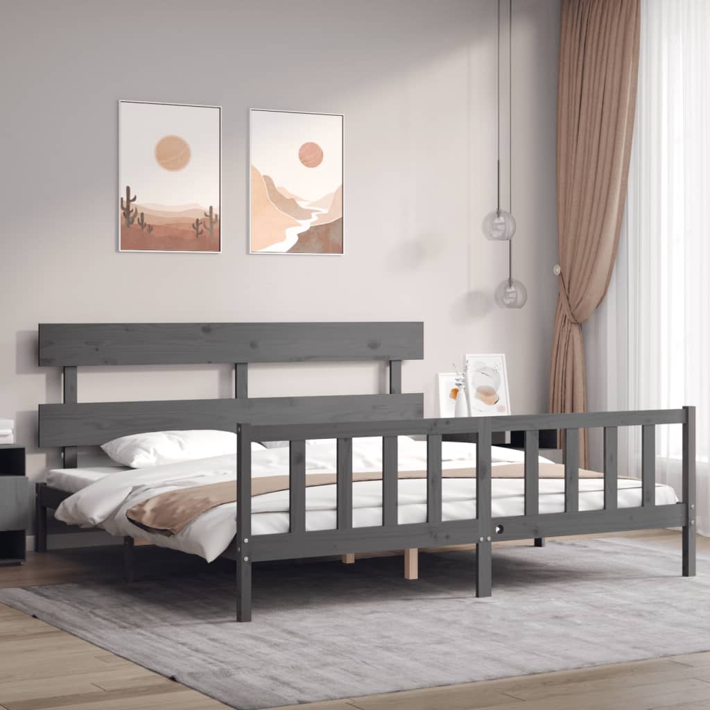 vidaXL Bed Frame with Headboard Grey Super King Size Solid Wood
