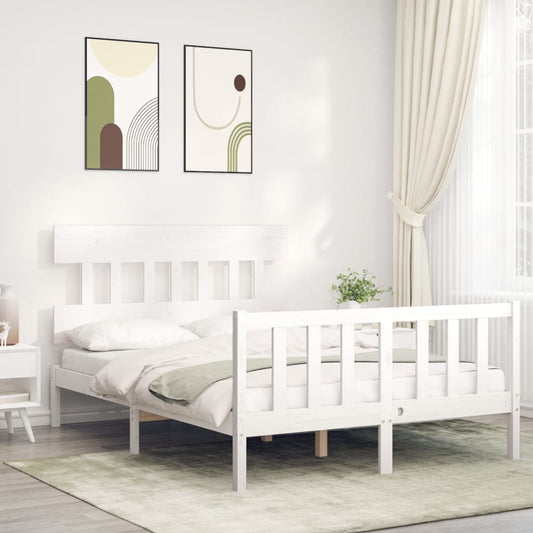 vidaXL Bed Frame with Headboard White Double Solid Wood
