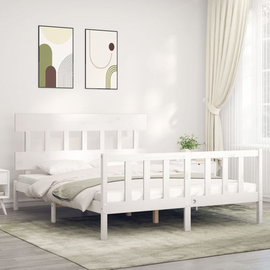 vidaXL Bed Frame with Headboard White King Size Solid Wood