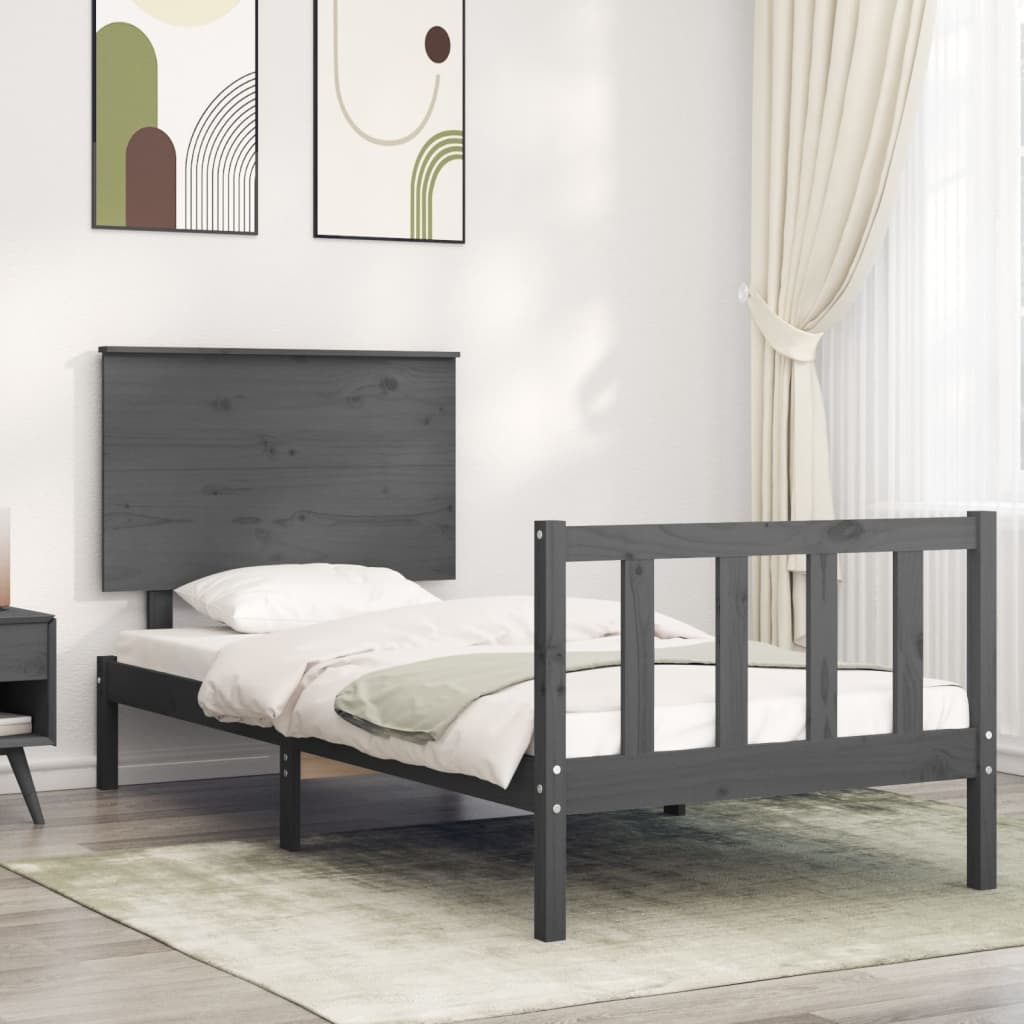 vidaXL Bed Frame with Headboard Grey Single Solid Wood