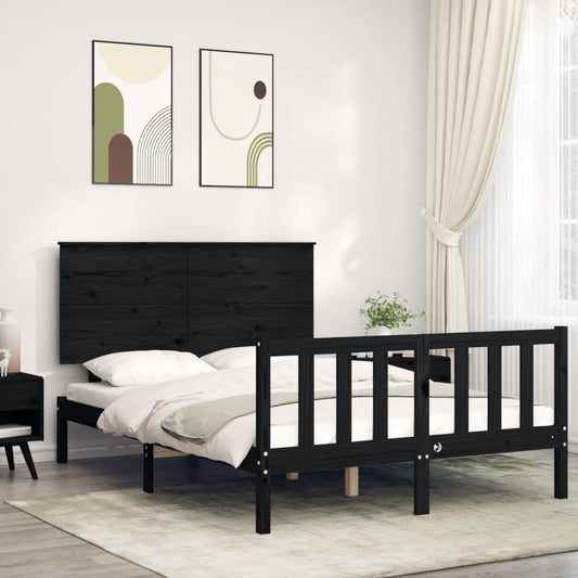vidaXL Bed Frame with Headboard Black Double Solid Wood