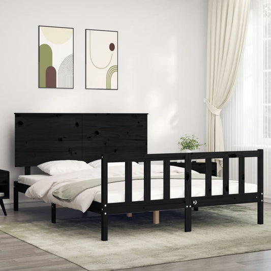 vidaXL Bed Frame with Headboard Black King Size Solid Wood