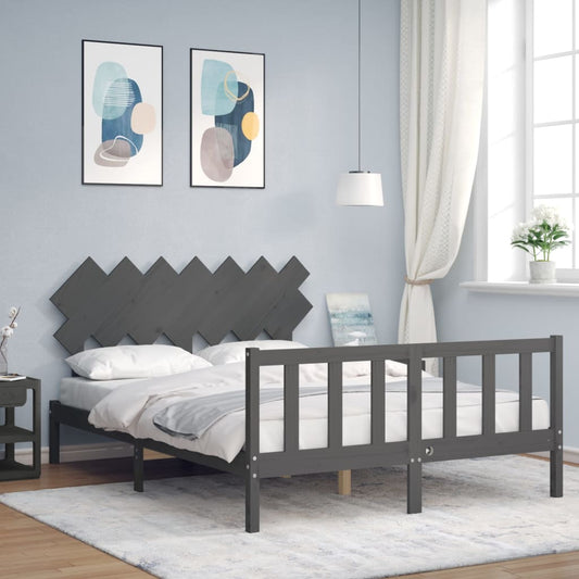 vidaXL Bed Frame with Headboard Grey King Size Solid Wood