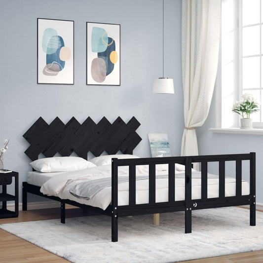 vidaXL Bed Frame with Headboard Black King Size Solid Wood
