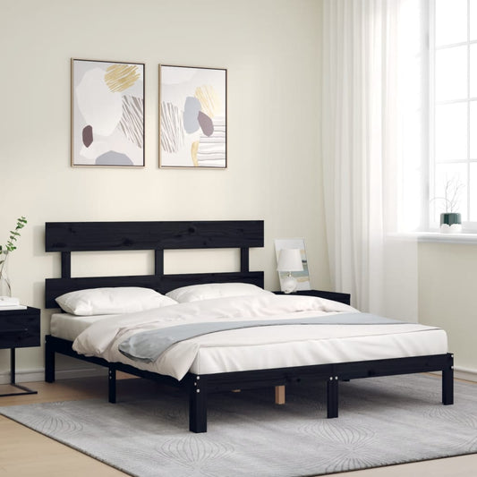 vidaXL Bed Frame with Headboard Black King Size Solid Wood