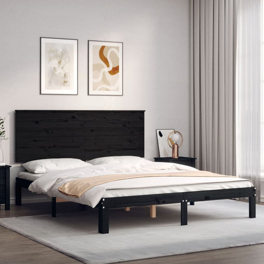 vidaXL Bed Frame with Headboard Black King Size Solid Wood