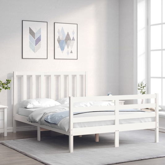 vidaXL Bed Frame with Headboard White Double Solid Wood