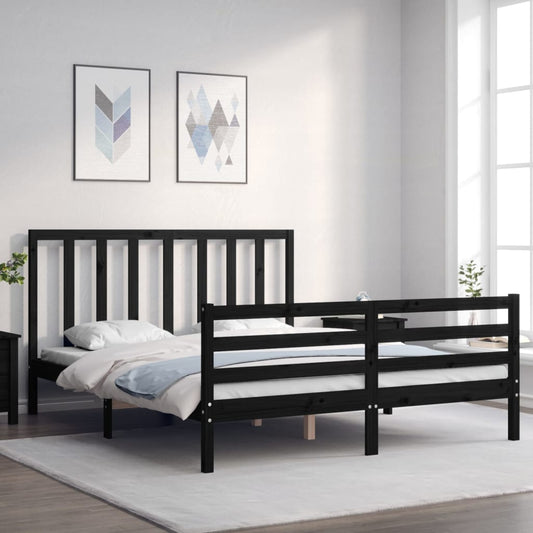 vidaXL Bed Frame with Headboard Black King Size Solid Wood